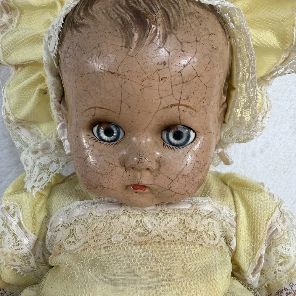 Antique Composition Baby Doll‎ Blue Sleepy Eyes Dress Shoes Socks Creepy Haunted